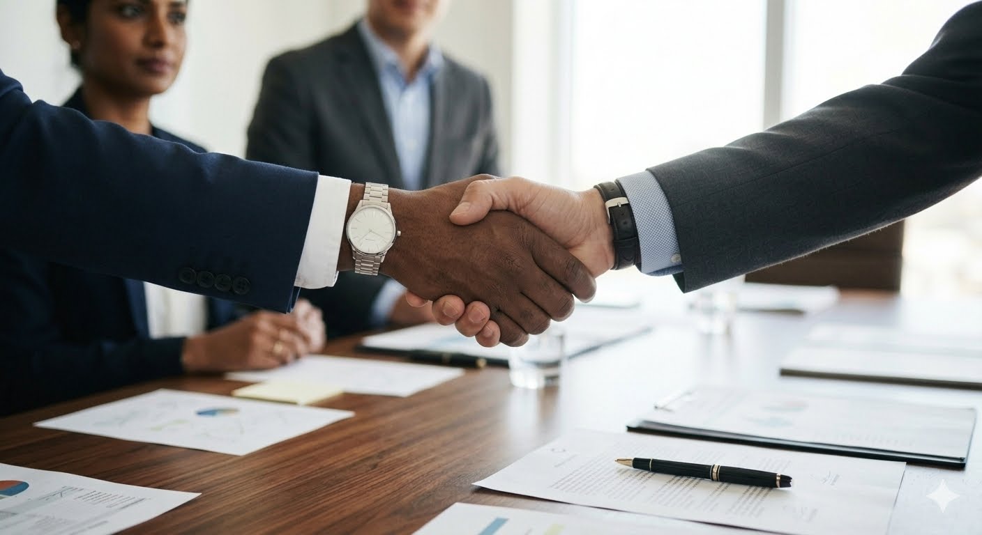 Photo of negotiators shaking hands