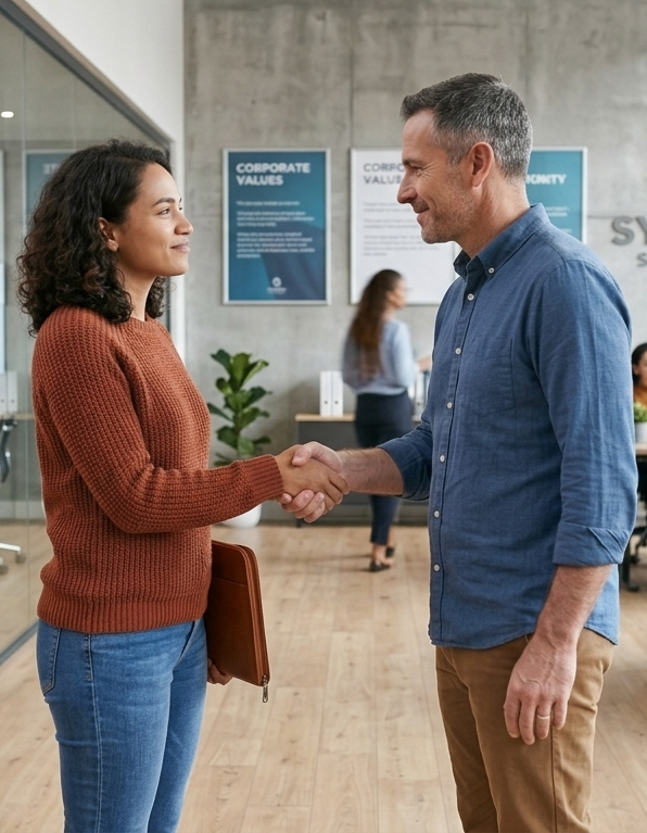 Photo of two individuals at work shaking hands